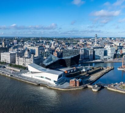 Aerial view of Liverpool city docks.
