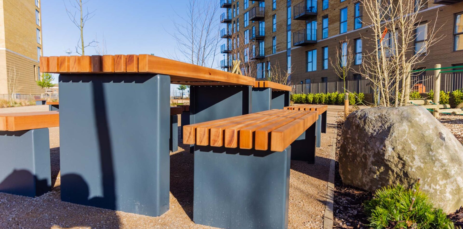 Public seating area at Chatham Waters park