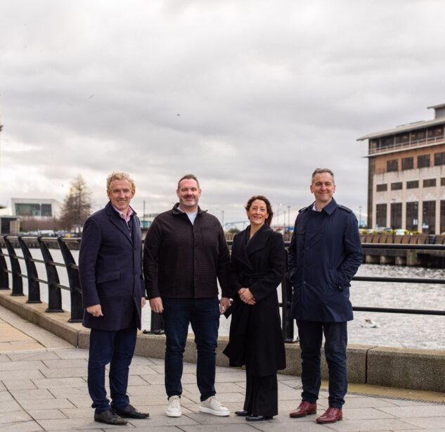 L-R James Whittaker MD of Peel Waters, Gareth Evans MD of Padel Ventures with Liza Marco and Chris Capes from Liverpool Waters at the site of the future floating Padel destination at Liverpool Waters Large
