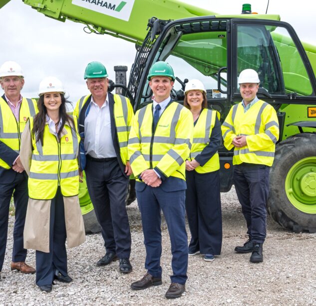 Grahams start on site at Central Docks pictured from left to right James Whittaker, Managing Director, Peel Waters, Charlotte Glynn, Partnerships Manager, Peel Waters Councillor Graham Morgan, Cabinet Member for Housing and Regeneration, Liverpool City Region Combined Authority • Alastair Lewis, Contracts Director, GRAHAM, Claire Richards, Head of Liverpool City Region, Homes England, Councillor Liam Robinson, Leader, Liverpool City Council
