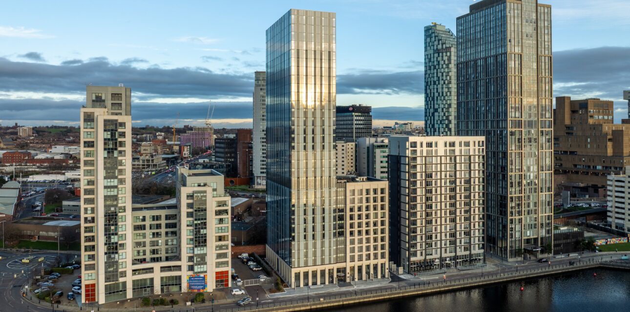 Skyline of Liverpool Waters showing the completed Lighthaus development